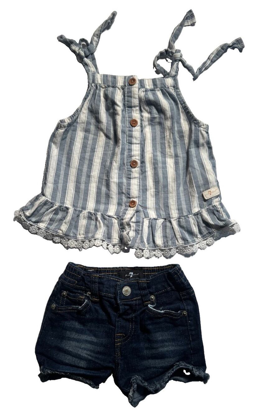 7 For All Mankind Baby Girls 24M Striped Ruffle Top Denim Shorts 2 Piece Set